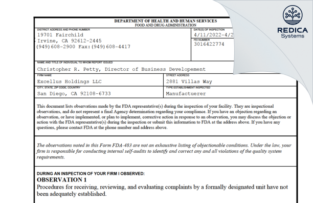 FDA 483 - Excellus Holdings LLC [San Diego / United States of America] - Download PDF - Redica Systems