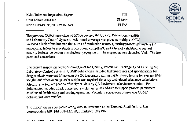 EIR - OHM LABORATORIES INC. [North Brunswick / United States of America] - Download PDF - Redica Systems