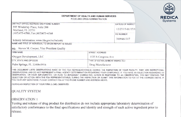 FDA 483 - OXYGEN DEVELOPMENT, L.L.C. [Florida / United States of America] - Download PDF - Redica Systems