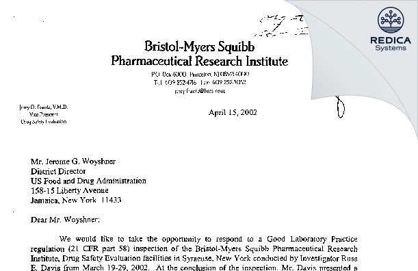FDA 483 Response - Bristol-Myers Squibb Company [East Syracuse New York / United States of America] - Download PDF - Redica Systems