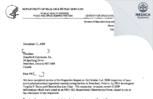 FDA 483 Response - Apotex Pharmachem Inc. [Brantford / Canada] - Download PDF - Redica Systems