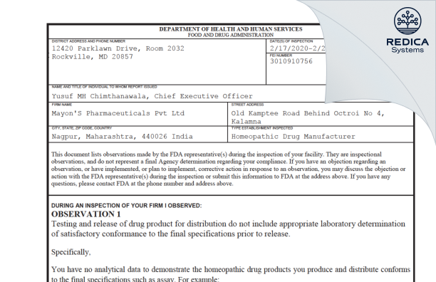 FDA 483 - Mayon's Pharmaceuticals Private Limited [India / India] - Download PDF - Redica Systems