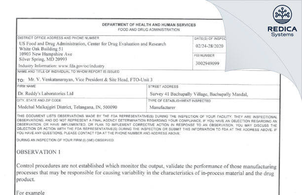 FDA 483 - DR. REDDY'S LABORATORIES LIMITED [India / India] - Download PDF - Redica Systems
