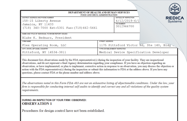 FDA 483 - Flex Operating Room, LLC [Pittsford / United States of America] - Download PDF - Redica Systems