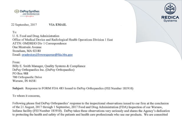 FDA 483 Response - DePuy Orthopaedics, Inc. [Warsaw / United States of America] - Download PDF - Redica Systems