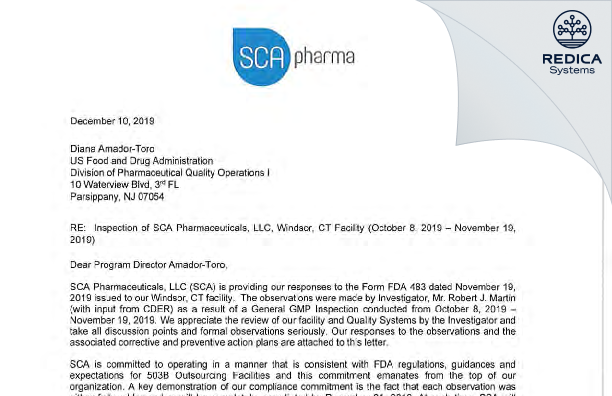 FDA 483 Response - SCA Pharmaceuticals [Windsor / United States of America] - Download PDF - Redica Systems