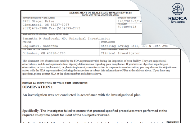 FDA 483 - Jaglowski, Samantha [Columbus / United States of America] - Download PDF - Redica Systems