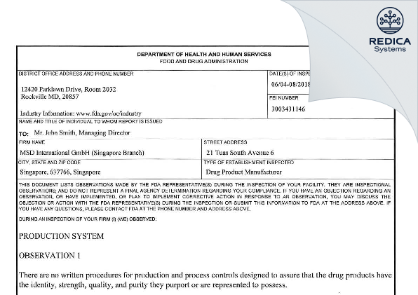 FDA 483 - MSD International GmbH (Singapore Branch) [Singapore / Singapore] - Download PDF - Redica Systems