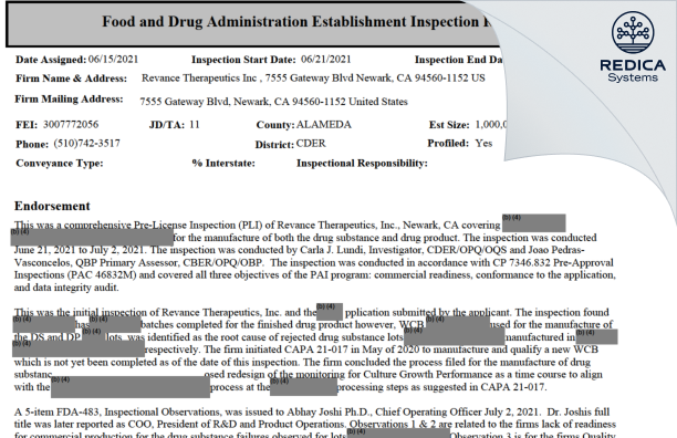 EIR - Revance Therapeutics, Inc. [Newark / United States of America] - Download PDF - Redica Systems