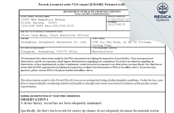 FDA 483 - ZhongHong (DongGuan) Abrasives Co. Ltd. [Dalang Town Dongguan / China] - Download PDF - Redica Systems