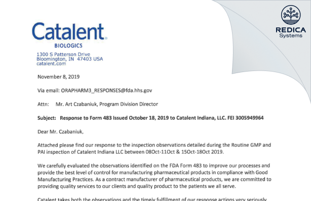 FDA 483 Response - Catalent Indiana, LLC [Bloomington / United States of America] - Download PDF - Redica Systems