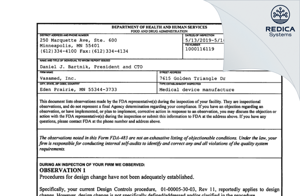 FDA 483 - Vasamed, Inc. [Eden Prairie / United States of America] - Download PDF - Redica Systems