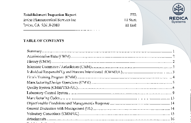 EIR - Irvine Pharmaceutical Services, Inc. [Irvine / United States of America] - Download PDF - Redica Systems