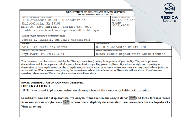 FDA 483 - Main Line Fertility Center [Bryn Mawr / United States of America] - Download PDF - Redica Systems