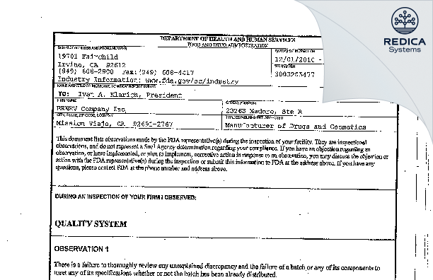 FDA 483 - BENEV Company Inc [Mission Viejo / United States of America] - Download PDF - Redica Systems