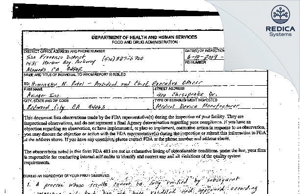 FDA 483 - Avinger Inc. [Redwood City / United States of America] - Download PDF - Redica Systems