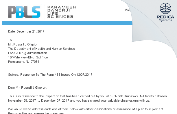 FDA 483 Response - Paramesh Banerji Life Sciences LLC [Jersey / United States of America] - Download PDF - Redica Systems