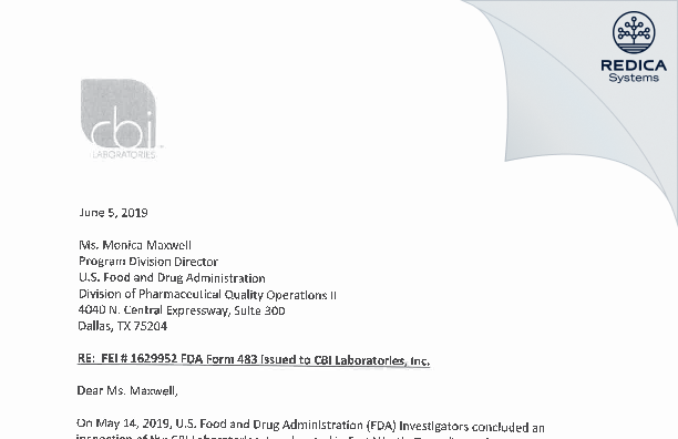FDA 483 Response - CBI Laboratories, Inc. [Fort Worth / United States of America] - Download PDF - Redica Systems