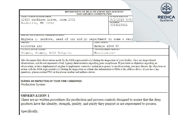 FDA 483 - FICOSOTA LTD [Shumen / Bulgaria] - Download PDF - Redica Systems