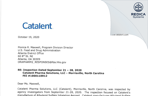 FDA 483 Response - Catalent Pharma Solutions, LLC [Morrisville / United States of America] - Download PDF - Redica Systems