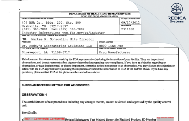 FDA 483 - Dr. Reddy's Laboratories Louisiana, LLC [Shreveport / United States of America] - Download PDF - Redica Systems
