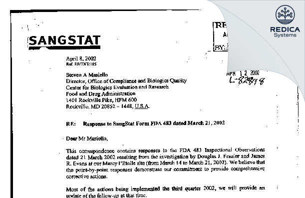 FDA 483 Response - IMTIX Sangstat [Marcy L Etoile / France] - Download PDF - Redica Systems