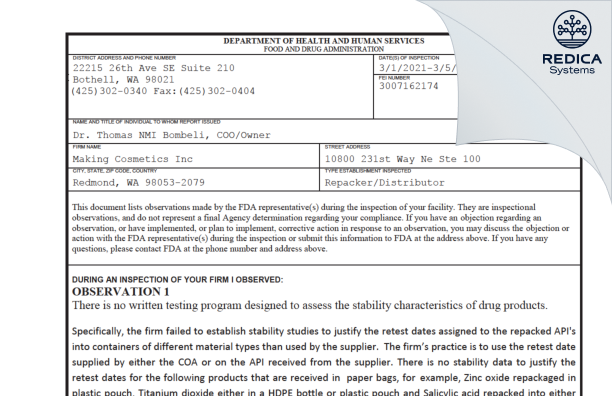 FDA 483 - MakingCosmetics Inc. [Redmond / United States of America] - Download PDF - Redica Systems