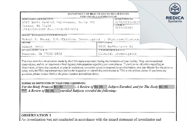 FDA 483 - Rakesh Patel [Houston / United States of America] - Download PDF - Redica Systems