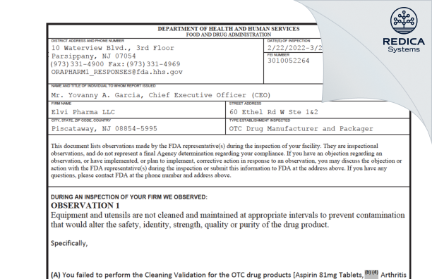 FDA 483 - Elvi Pharma LLC. [Jersey / United States of America] - Download PDF - Redica Systems