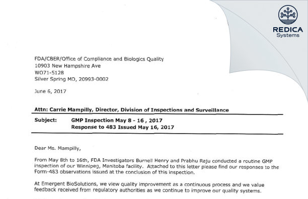 FDA 483 Response - Emergent BioSolutions Canada Inc [Canada / Canada] - Download PDF - Redica Systems