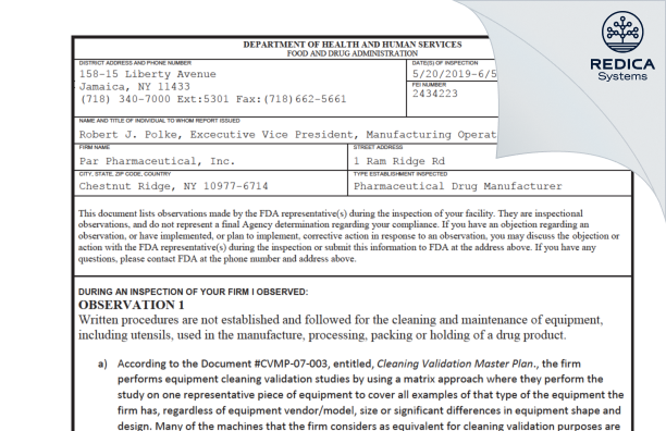 FDA 483 - Strides Pharma, Inc [Chestnut Ridge / United States of America] - Download PDF - Redica Systems