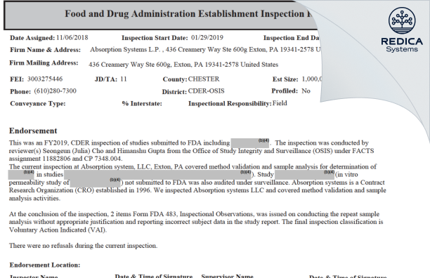 EIR - Pharmaron (Exton) Lab Services LLC [Exton Pennsylvania / United States of America] - Download PDF - Redica Systems