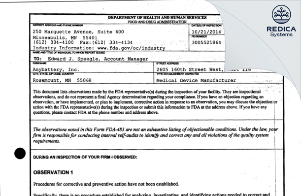 FDA 483 - Anybattery, Inc. [Rosemount / United States of America] - Download PDF - Redica Systems