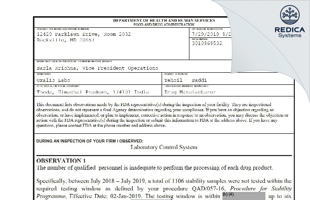 FDA 483 - OXALIS LABS [Baddi / India] - Download PDF - Redica Systems