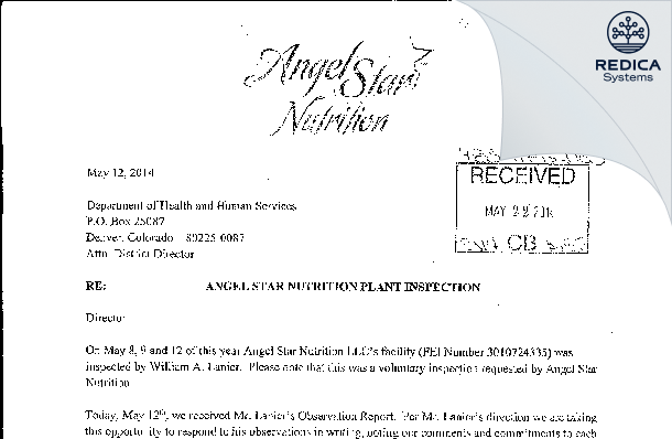 FDA 483 Response - Angel Star Nutrition, LLC [West Valley City / United States of America] - Download PDF - Redica Systems