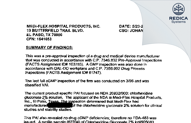 EIR - Medi Flex Hospital Products Inc [Leawood / United States of America] - Download PDF - Redica Systems