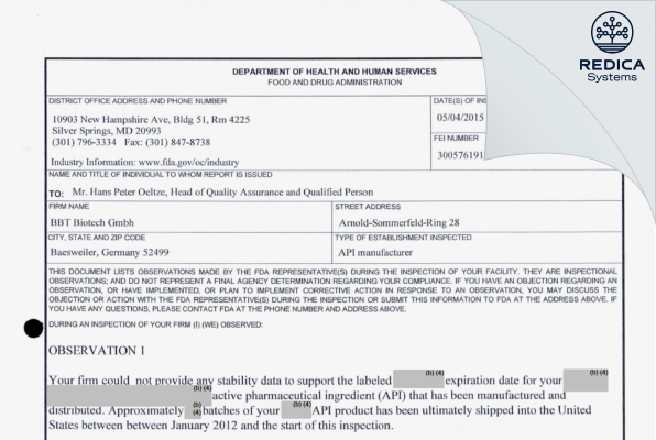 FDA 483 - BBT Biotech Gmbh [Baesweiler / Germany] - Download PDF - Redica Systems