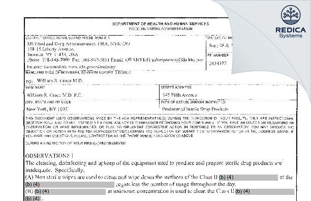 FDA 483 - Grace, William R M.D. [New York / United States of America] - Download PDF - Redica Systems