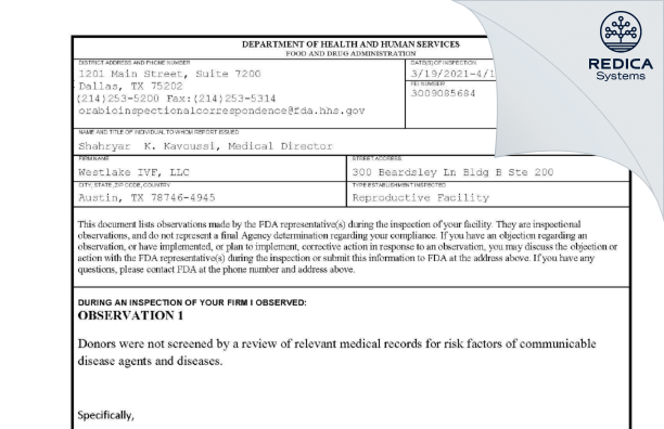 FDA 483 - Westlake IVF, LLC [Austin / United States of America] - Download PDF - Redica Systems