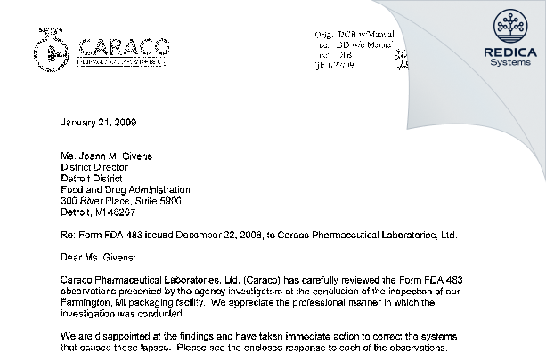 FDA 483 Response - Caraco Pharmaceutical Laboratories, LTD. [Farmington Hills / United States of America] - Download PDF - Redica Systems