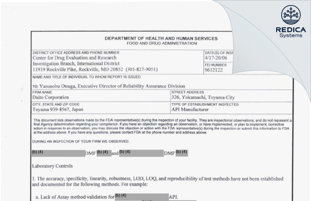 FDA 483 - Daito Pharmaceutical Co., Ltd [Yokamachi Toyama-City / Japan] - Download PDF - Redica Systems