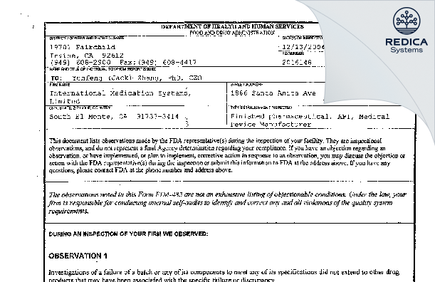 FDA 483 - International Medication Systems, Ltd. [South El Monte / United States of America] - Download PDF - Redica Systems