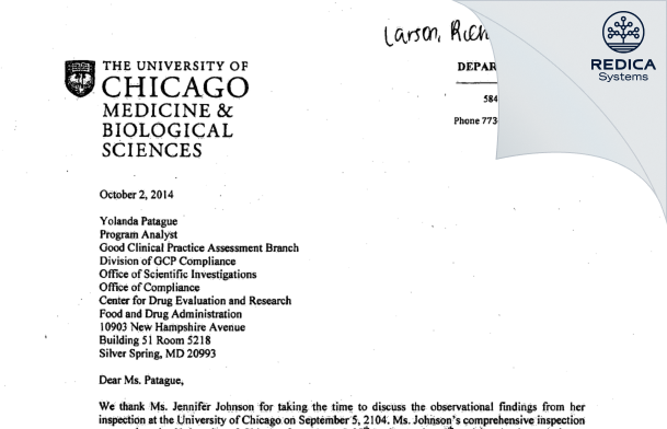 FDA 483 Response - Larson, Richard A., M.D. [Chicago / United States of America] - Download PDF - Redica Systems