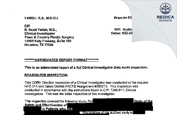 EIR - R Scott Yarish, MD/Clin Inv [Houston / United States of America] - Download PDF - Redica Systems
