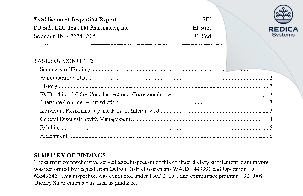 EIR - PD Pharmatech, LLC. [Seymour / United States of America] - Download PDF - Redica Systems