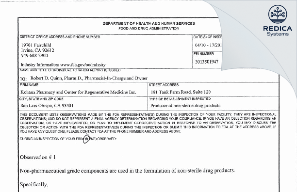 FDA 483 - Kohana Pharmacy and Center for Regenerative Medicine Inc. [San Luis Obispo / United States of America] - Download PDF - Redica Systems