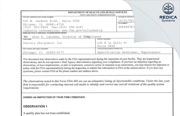 FDA 483 - Daniels Sharpsmart Inc [Chicago / United States of America] - Download PDF - Redica Systems