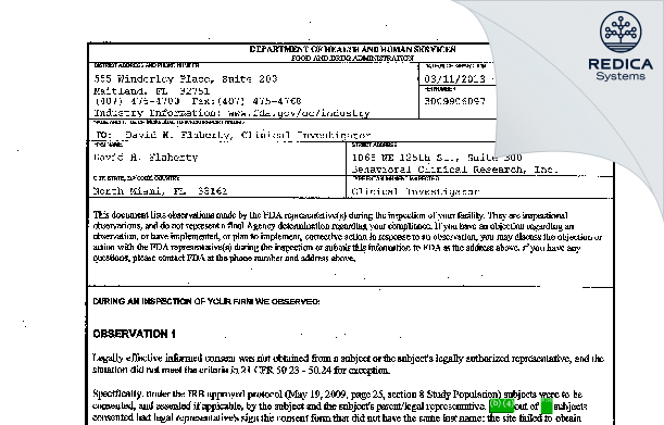 FDA 483 - David H. Flaherty [North Miami / United States of America] - Download PDF - Redica Systems