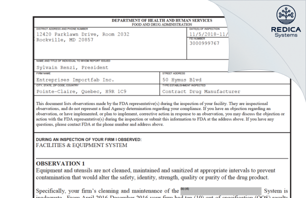 FDA 483 - Labomar Canada Inc [Pointe Claire / Canada] - Download PDF - Redica Systems