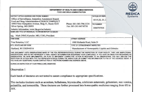 FDA 483 - True Botanica, LLC [Hartland / United States of America] - Download PDF - Redica Systems